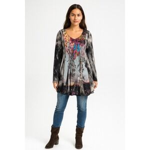 Feratelli Women's Colorful Abstract Print V-Neck Long Sleeve Tunic Top Size L